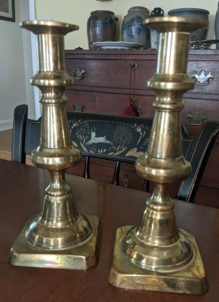 Pair Antique Brass Push - Up Candlesticks 19th Century