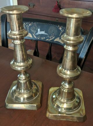Pair Antique Brass Push - Up Candlesticks 19th Century 2