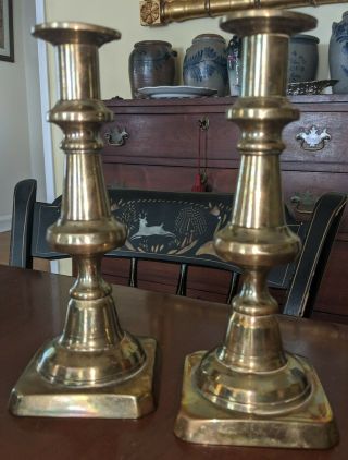 Pair Antique Brass Push - Up Candlesticks 19th Century 3