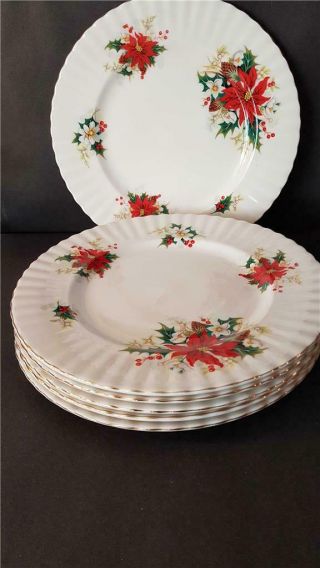 Set Of 6 X Vintage Royal Albert Poinsettia Dinner Plates For Christmas