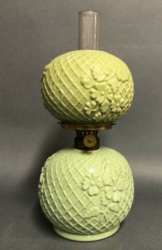 Antique Green Milk Glass Embossed Miniature Oil Lamp - S1 - 229