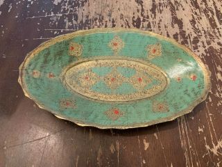 Vintage Norleans Italian Florentine Green And Gold Gilt Oval Bowl
