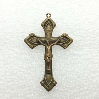 Vintage Signed Wjf Xx Brass Tone Crucifix Cross Pendant Religious Catholic