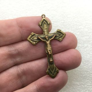 Vintage Signed WJF XX Brass Tone Crucifix Cross Pendant Religious Catholic 2