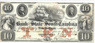 Civil War C S A Currency Bank Of The State Of South Carolina 1861 Note $10.  00