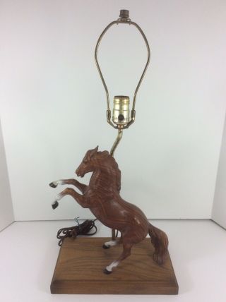 Vintage Rearing Brown Stallion Horse Western Table Lamp On Wood Base Circa 1960s