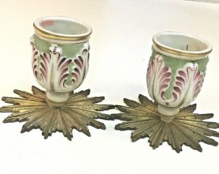 Antique French Hand Paint Bisque Acanthus Candle Holder Pr Bronze Star Mounts