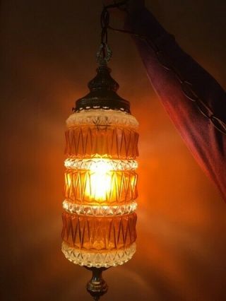 Vintage Mid Century Modern Amber Cut Glass & Metal Hanging Swag Lamp - Japan