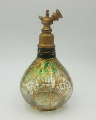 Antique Victorian Perfume Atomizer Gilt Enamel Green To Clear Bottle