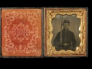 U.  S.  Civil War Cased Tintype Fully Uniformed Soldier With Sword