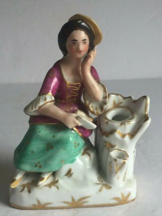 Antique English Staffordshire Porcelain Figural Woman With Book Pen Holder 19thc
