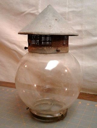 Antique Gas Arc Light With Round Globe And Tin Top Vent And Brass Base
