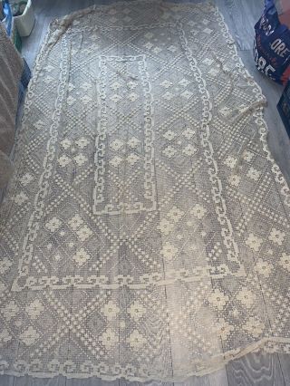Antique Vintage Cream Lace Tablecloth Large Oblong Tablecloth 126 Inches X 76