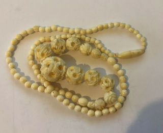 Vintage Carved Bovine Bone Puzzle Ball Bead Necklace With Barrel Clasp 1900