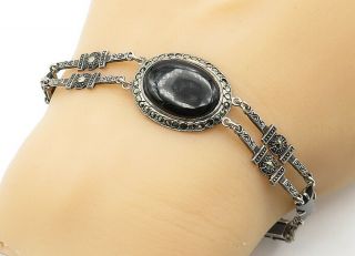925 Silver - Vintage Victorian Black Onyx & Marcasite Chain Bracelet - B6467