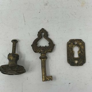 Antique Vintage Skeleton Key,  bracket,  and Knob from Edison Record Cabinet 2