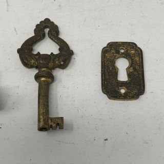 Antique Vintage Skeleton Key,  bracket,  and Knob from Edison Record Cabinet 3