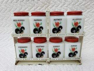 Vtg Tipp City Usa 9 Pc Spice Rack & Milk Glass Jars Black Red Flowers Orig Paint
