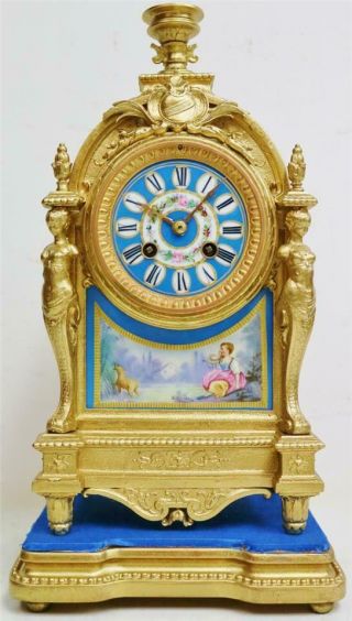 Antique French 8 Day Gilt Metal & Blue Sevres Porcelain Mantle Clock