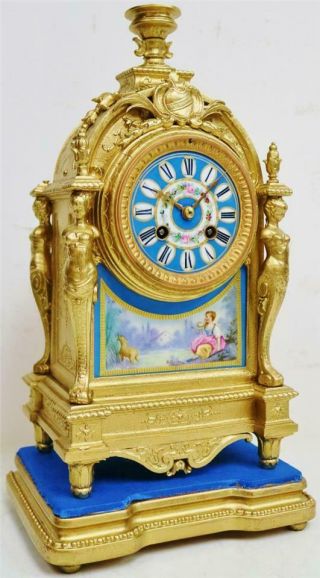 Antique French 8 Day Gilt Metal & Blue Sevres Porcelain Mantle Clock 3