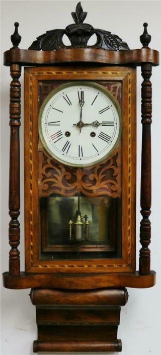 Antique 8 Day Inlaid Tunbridge Ware Walnut Bell Striking Drop Dial Wall Clock