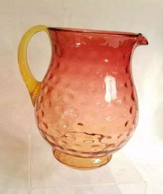 Amberina Coin - Dot Thumbprint Pattern Pitcher Jug Reeded Yellow Handle Footed