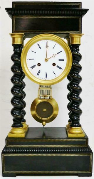 Antique French Empire Ebonised 14 Day Portico Table Regulator Mantle Clock