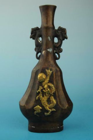 Antique China Hand Made Gilding Copper Dragon Vase Old Collect E01