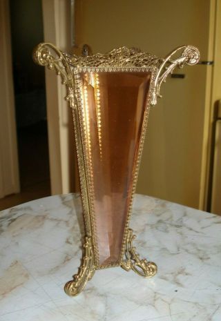 Ormolu Gold Gilt Bronze Filigree & Beveled Pink Crystal Glass Vase