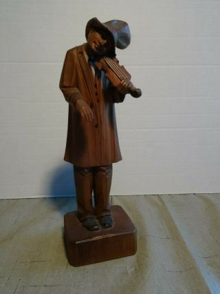 Vintage Man Playing Violin Hand Carved Wood Italy - 11 Inches Tall