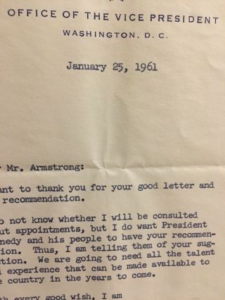 Lyndon Johnson Signed Letter (1/25/1961) Re: Appointments And Advising Kennedy 3