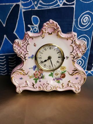 Gorgeous Pink Floral Antique Ansonia Dresden Porcelain Mantle Clock Chimes