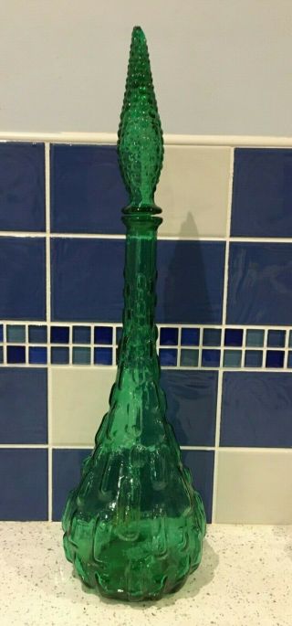 Vintage Empoli Italy Decanter Green Bubble Genie Bottle Blown Glass Mid Century