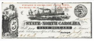 Civil War Confederate Currency State Of North Carolina 1862 Treasury Note $5.  00