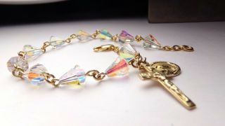 Vtg Silver Rhodium Cut Aurora Borealis Crystal Rosary Bead Cross Bracelet 8 "