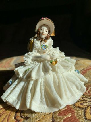 Antique Dresden Lace Seated Lady Porcelain Figurine -