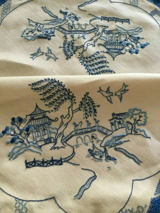 Vintage Hand Embroidered - Stunning Blue Willow Cloth With Gorgeous Blue Crochet