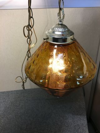 Vintage Mid Century Modern Amber Glass Hanging Swag Light Lamp Mcm Ceiling Ufo