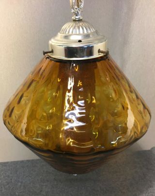 Vintage Mid Century Modern Amber Glass Hanging Swag Light Lamp MCM Ceiling UFO 2