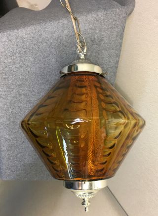 Vintage Mid Century Modern Amber Glass Hanging Swag Light Lamp MCM Ceiling UFO 3