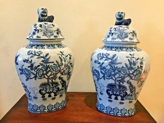 Vintage Pair Chinese Blue And White Porcelain Jars W/ Foo Dog Lids 17”h