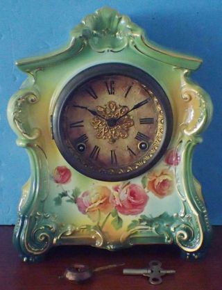 Antique Ansonia Royal Bonn " La Fontaine " Porcelain Shelf Clock For Restoration