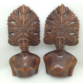 Vintage Bali Hand Carved Wood Tribal Busts Man And Woman Headdress