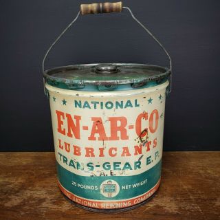 Vintage En - Ar - Co Lubricant Trans Gear Grease Oil Can Enarco 25lb Bucket Pail Tin