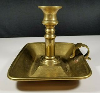 Antique Brass Candle Holder Carrier W/ Candlestick Push Up & Finger Loop England