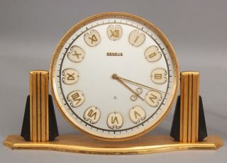 Rare Antique Art Deco Benrus Swiss 15 Jewels Gold Gilt Bronze Clock,