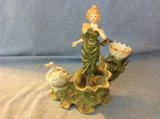 Vintage Porcelain Figurine Girl In A Green Dress Standing In Shell W/swan