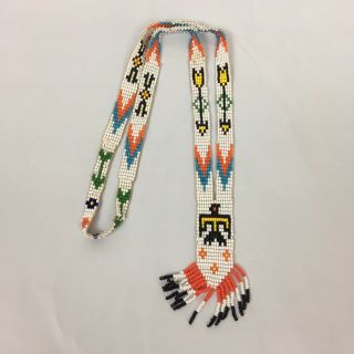 Vintage Native American Hand Made Seed Bead Fringe Necklace Thunder Bird Arrows