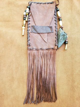 Handmade Brown Leather Deerskin Medicine Bag Pouch Beaded With Fringe