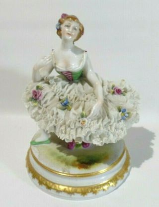 Vtg Victorian Figurine Sitting Lady Lace Dress Germany Crown Mark Lamp Base 6 "